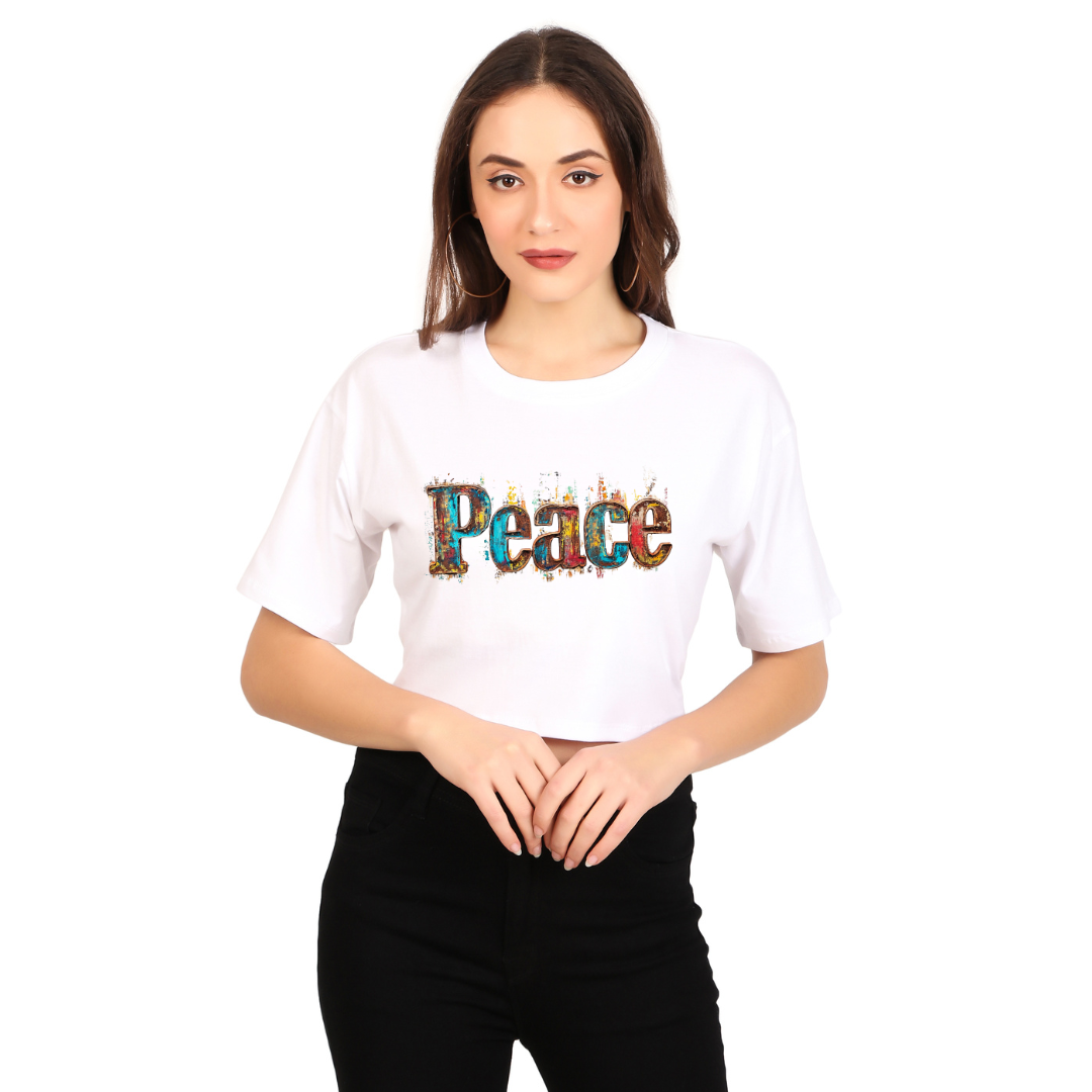 100% Cotton Oversize Crop Tops White with Prints