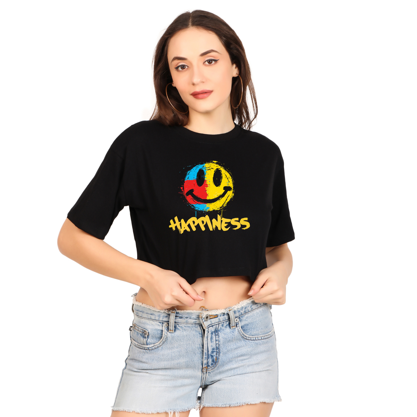 100% Cotton Oversize Crop Tops Black with Prints