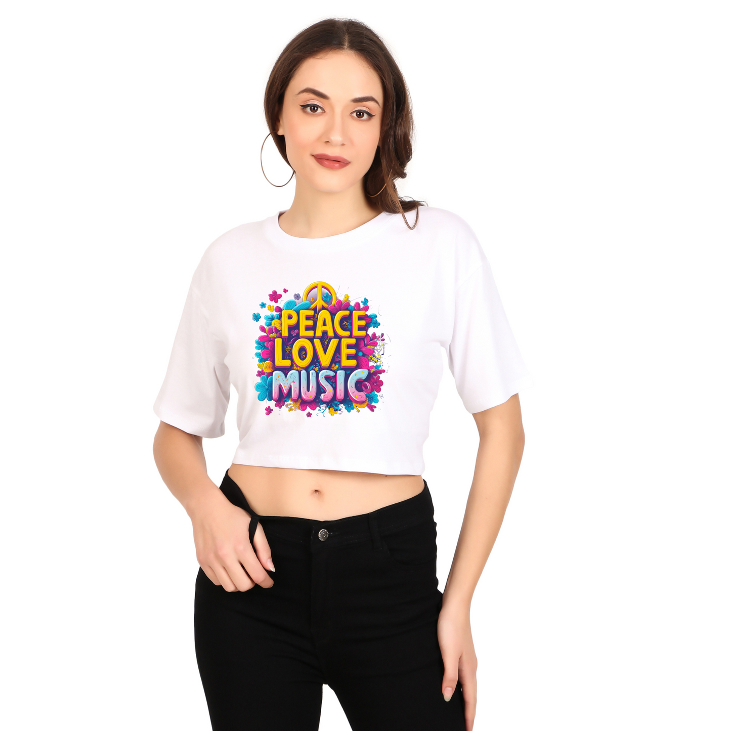 100% Cotton Oversize Crop Tops White with Prints